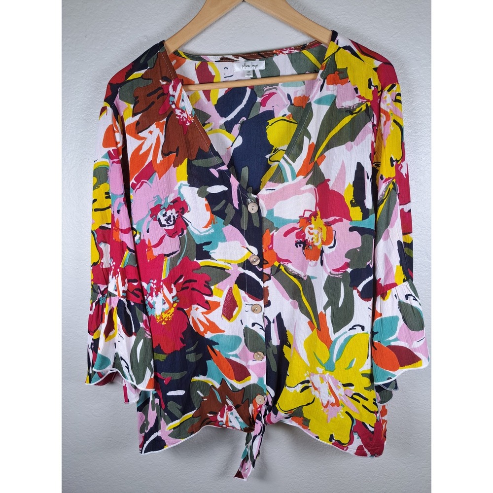 Mirror Image Womens 2X Floral Tie Front Button Up Blouse Ruffle Sleeve Rayon Top